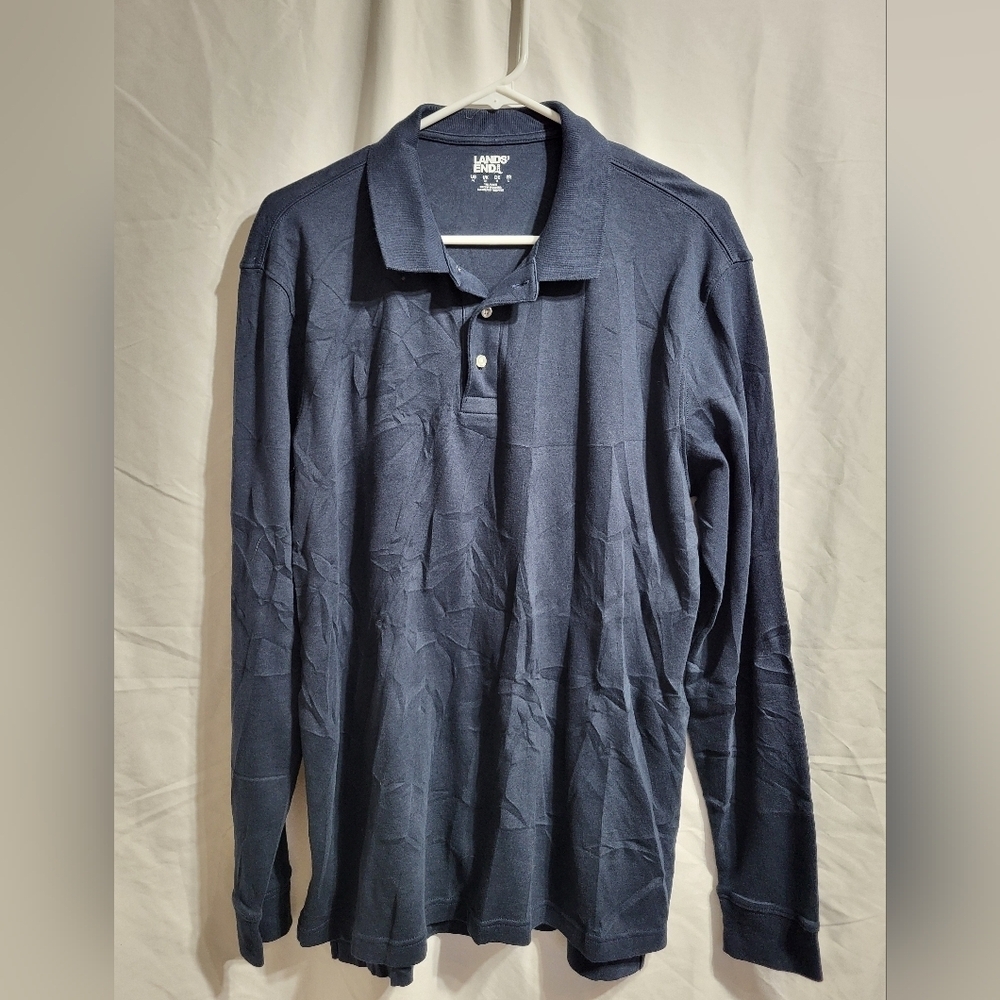 Lands' End Navy Long Sleeve Polo, Size Medium Tall